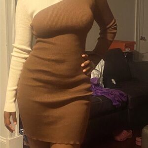 Tan and brown dress an L stretchy